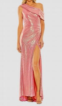 Mac Duggal - Metallic Off The Shoulder Ruched Waist Slit Gown