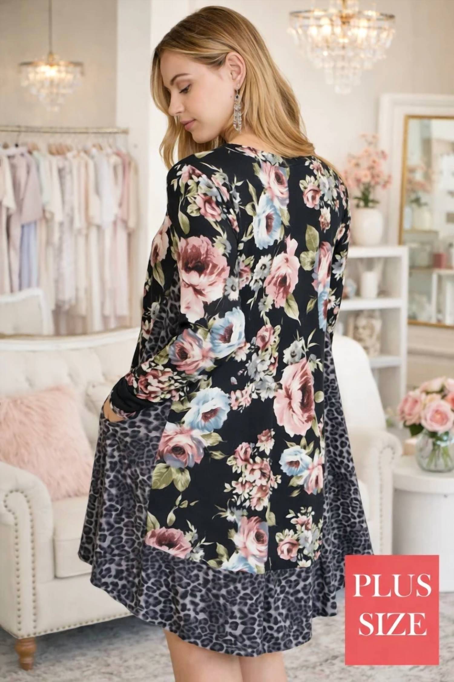 White Birch - Floral & Cheetah Trim Dress - Plus