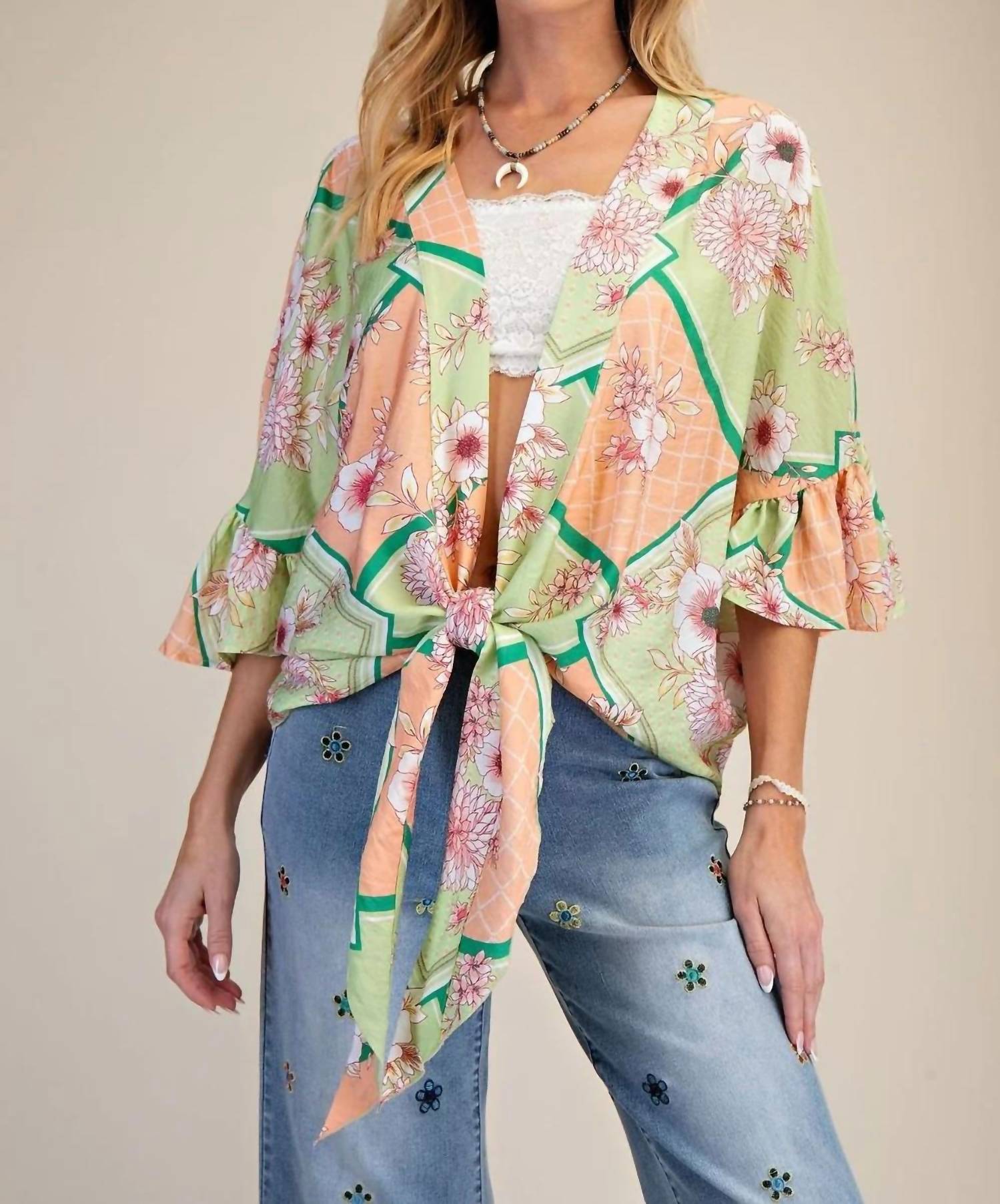 Easel - Floral Peach Blossom Kimono Tie Shrug Top