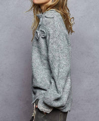 POL Scallop Hem Rose Appliqué Oversize Sweater in heather grey - women's sweater - detail view