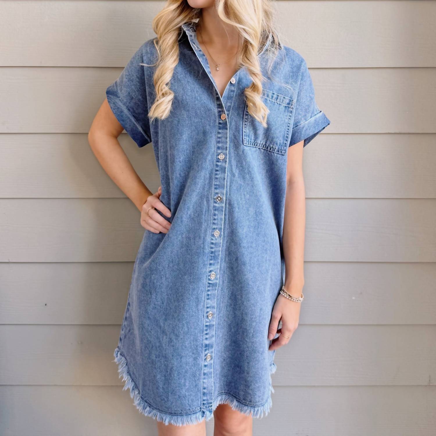 Bluivy - Frayed Hem Denim Shirt Dress