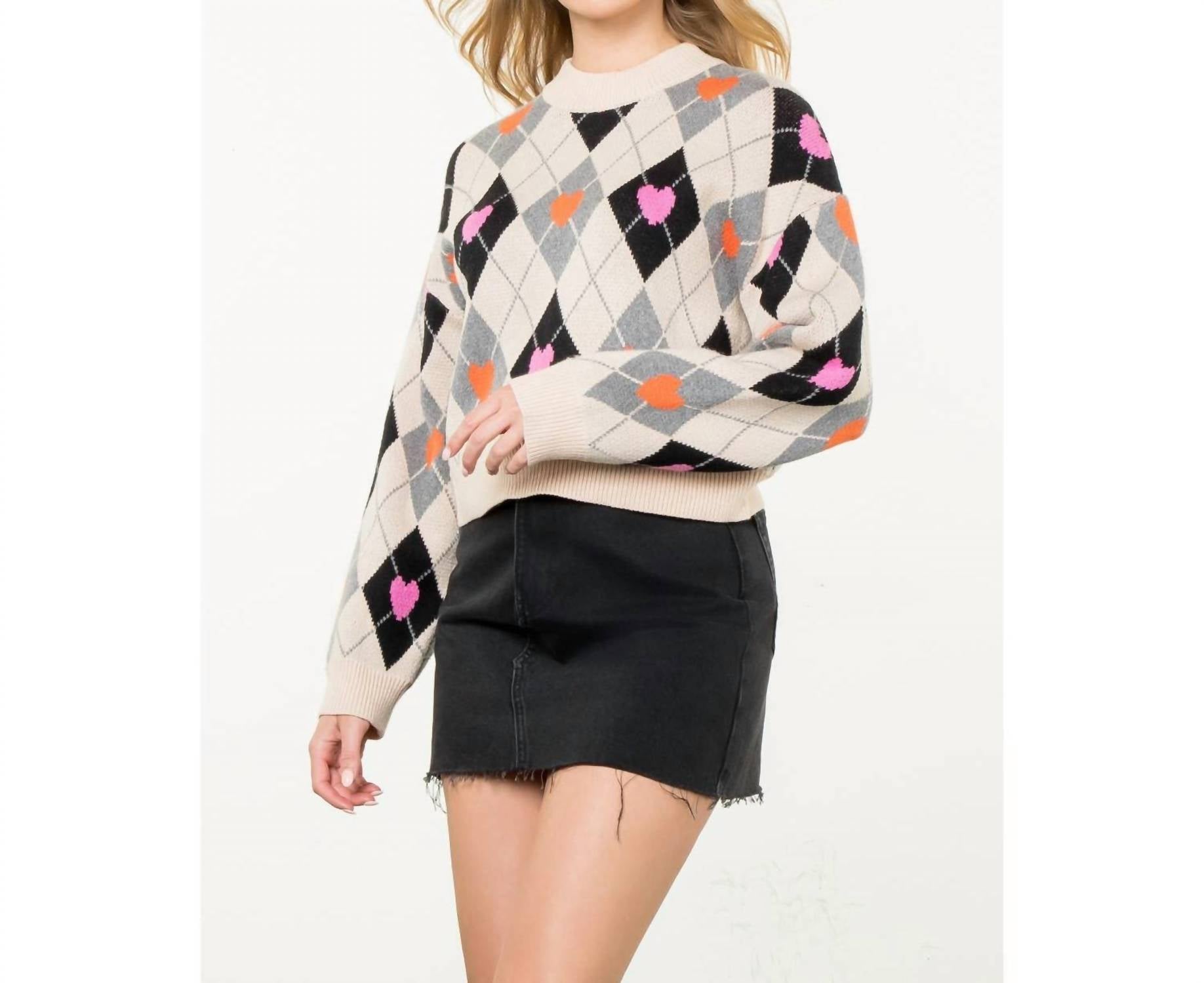 THML Argyle Pattern Knit Sweater in cream - women's sweater - view 8