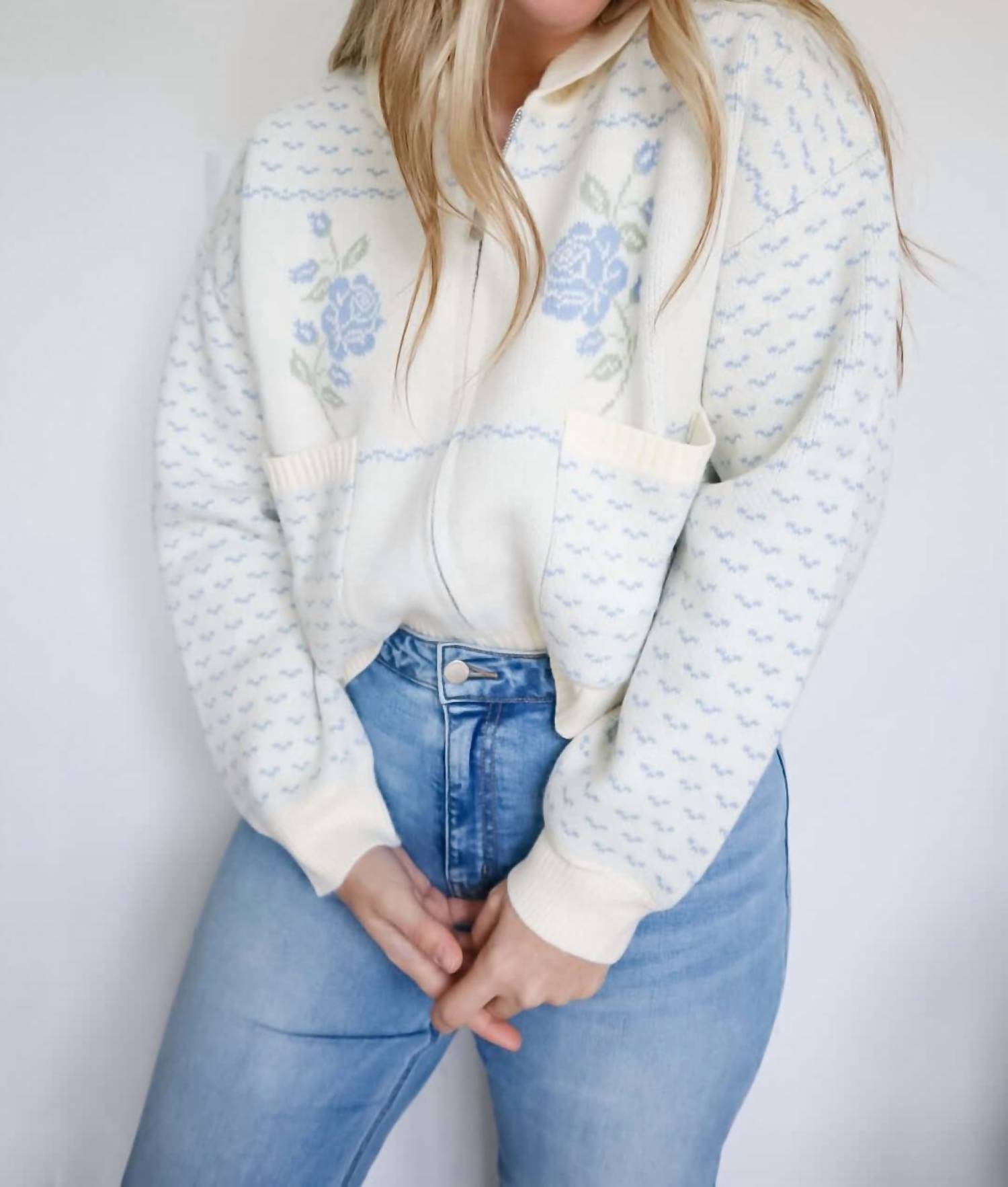Mable - Audrey Rose Print Jacquard Knit Zip Up Cardigan Jacket