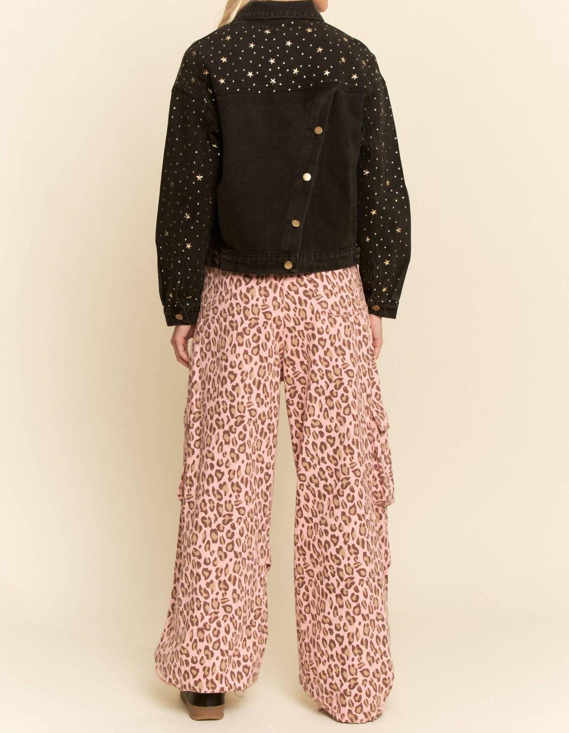 Davi & Dani - Animal Washed Leopard Denim Elastic Pants