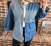 ee:some Denim Mineral washed pinstripe shirt in blue - women's shirt - detail view