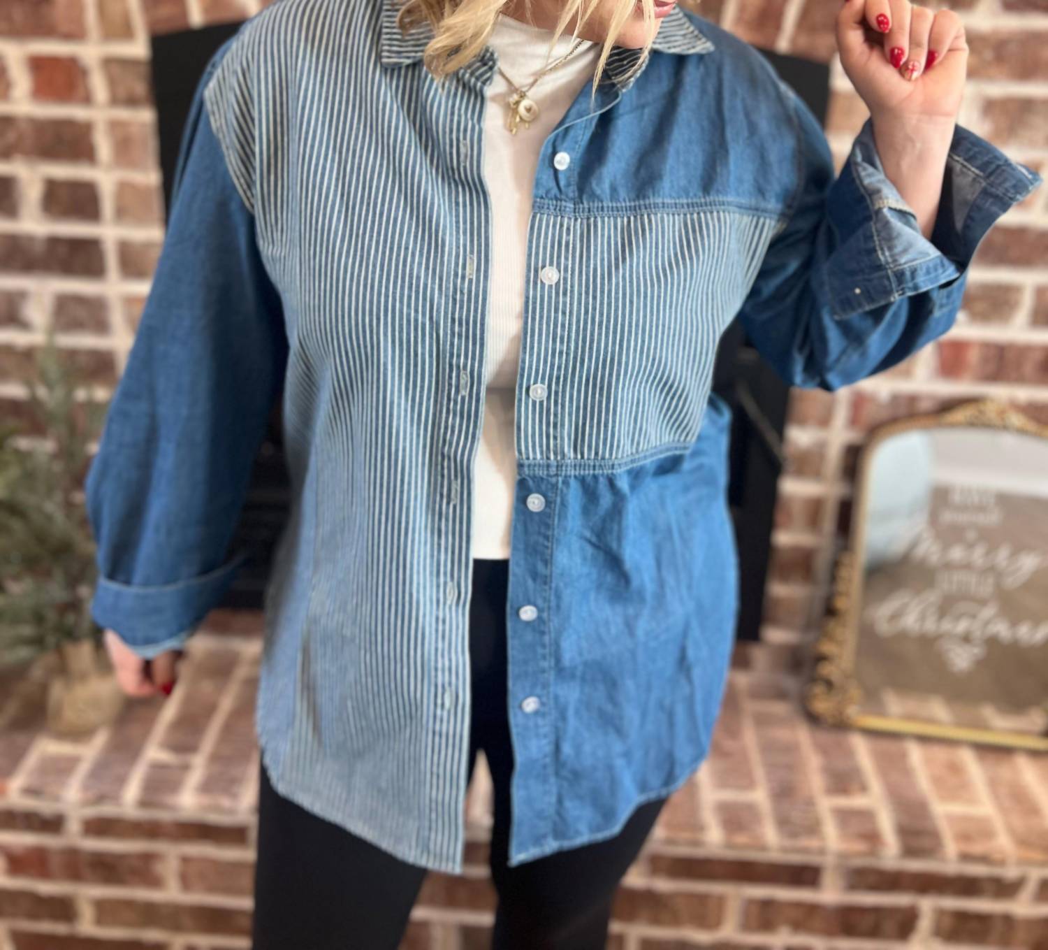 ee:some Denim Mineral washed pinstripe shirt in blue - women's shirt - detail view