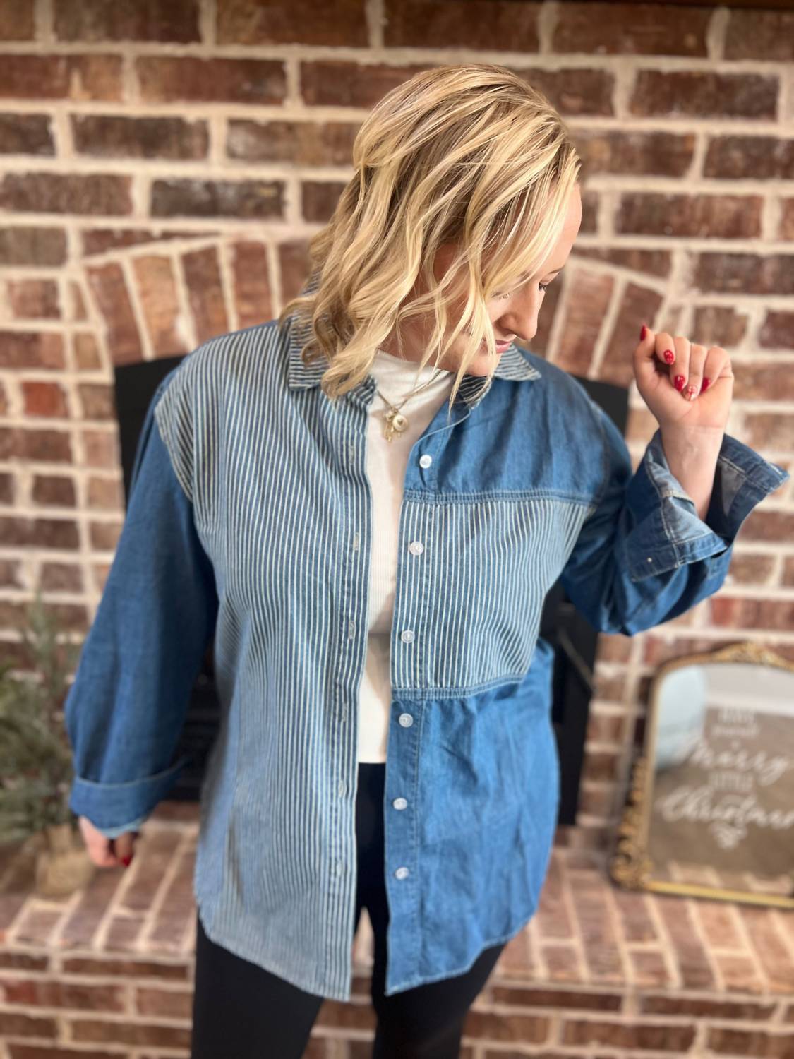 ee:some Denim Mineral washed pinstripe shirt in blue - women's shirt - alternate view