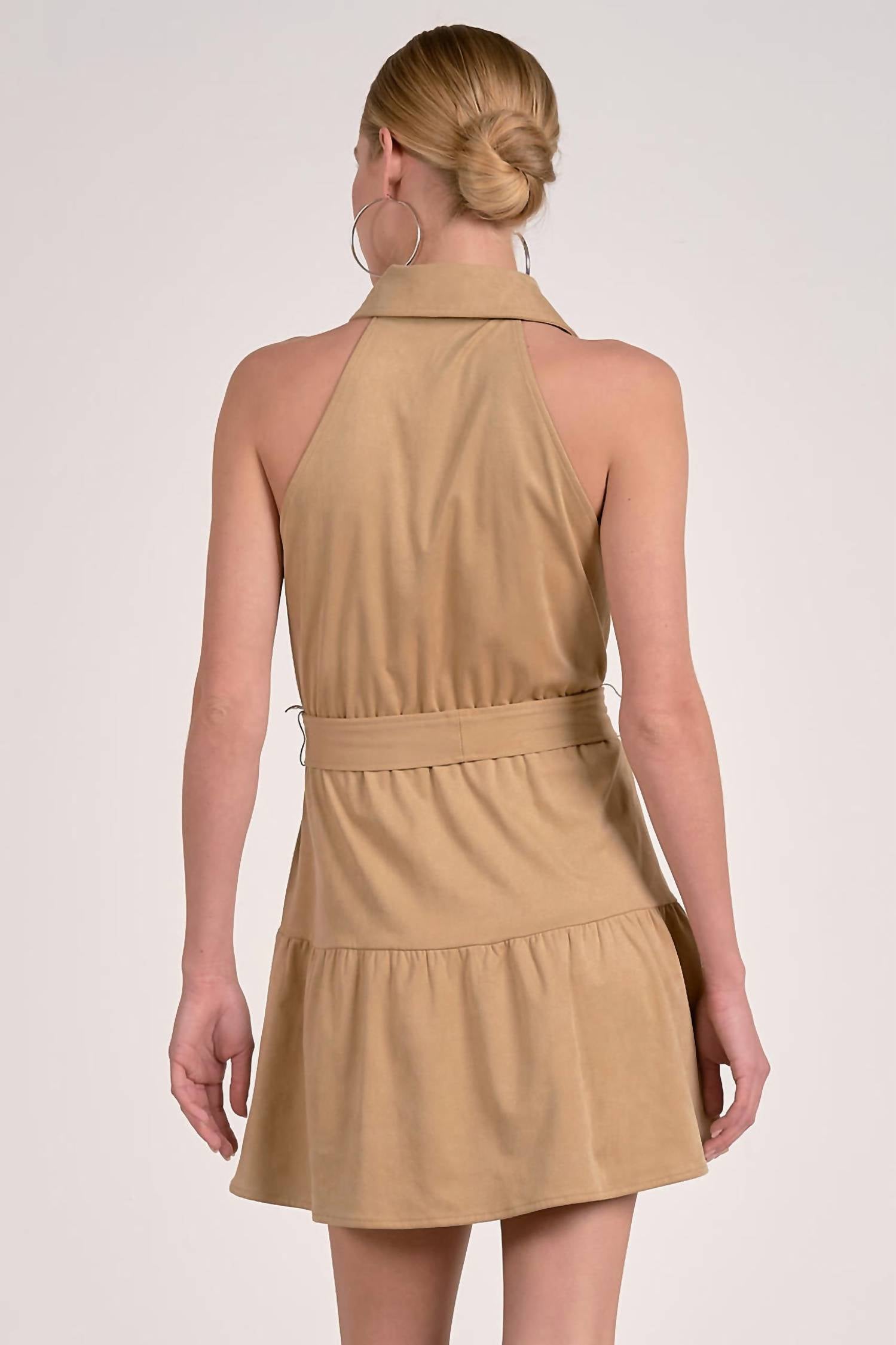 ELAN Faux Suede Halter Mini Dress in sand - women's dress - detail view