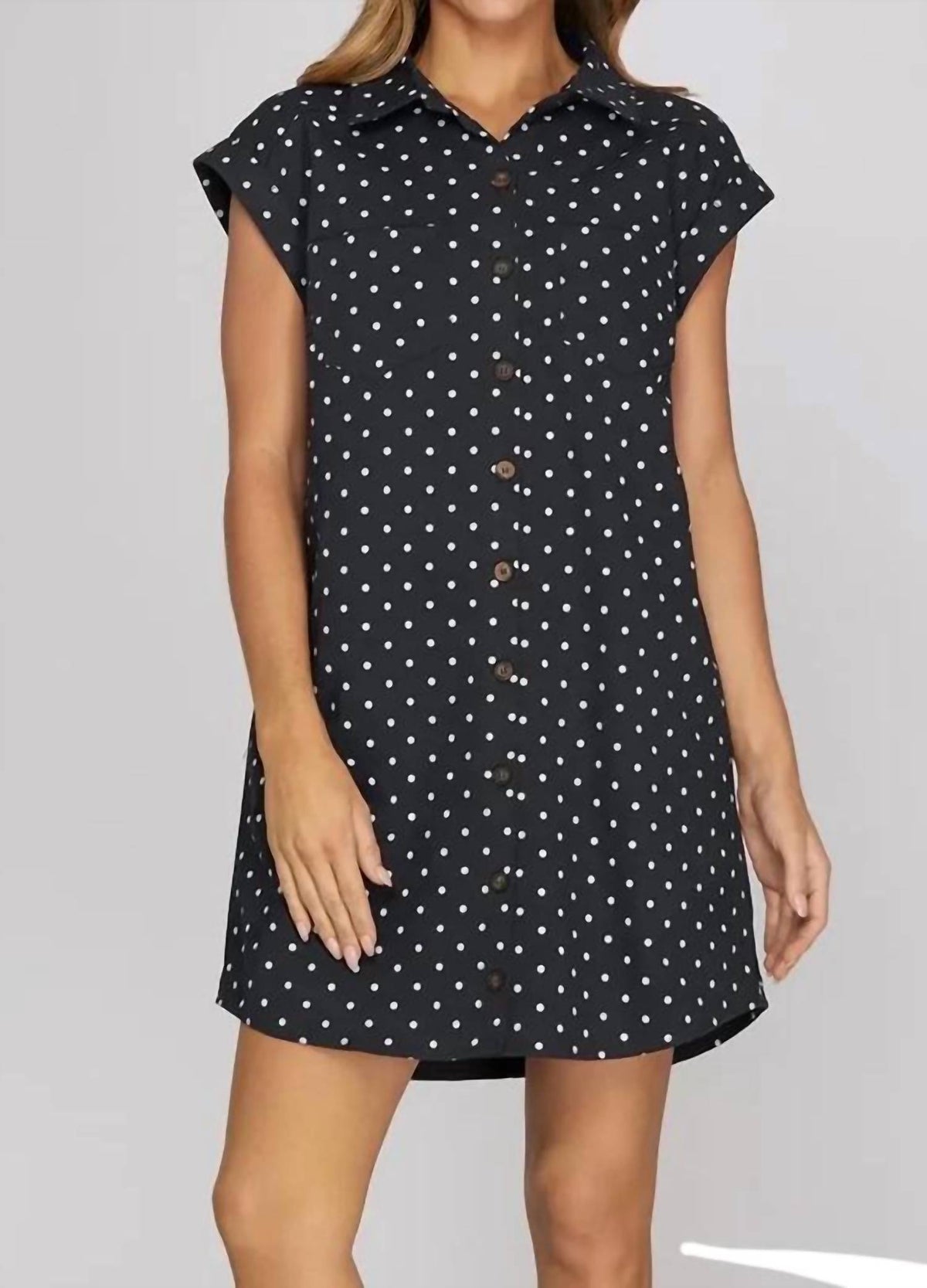She + Sky - Sleeveless Polka Dot Twill Shirt Mini Dress