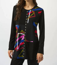 Joseph Ribkoff ABSTRACT FRONT PRINT TOP in black multi - women's shirt - detail view