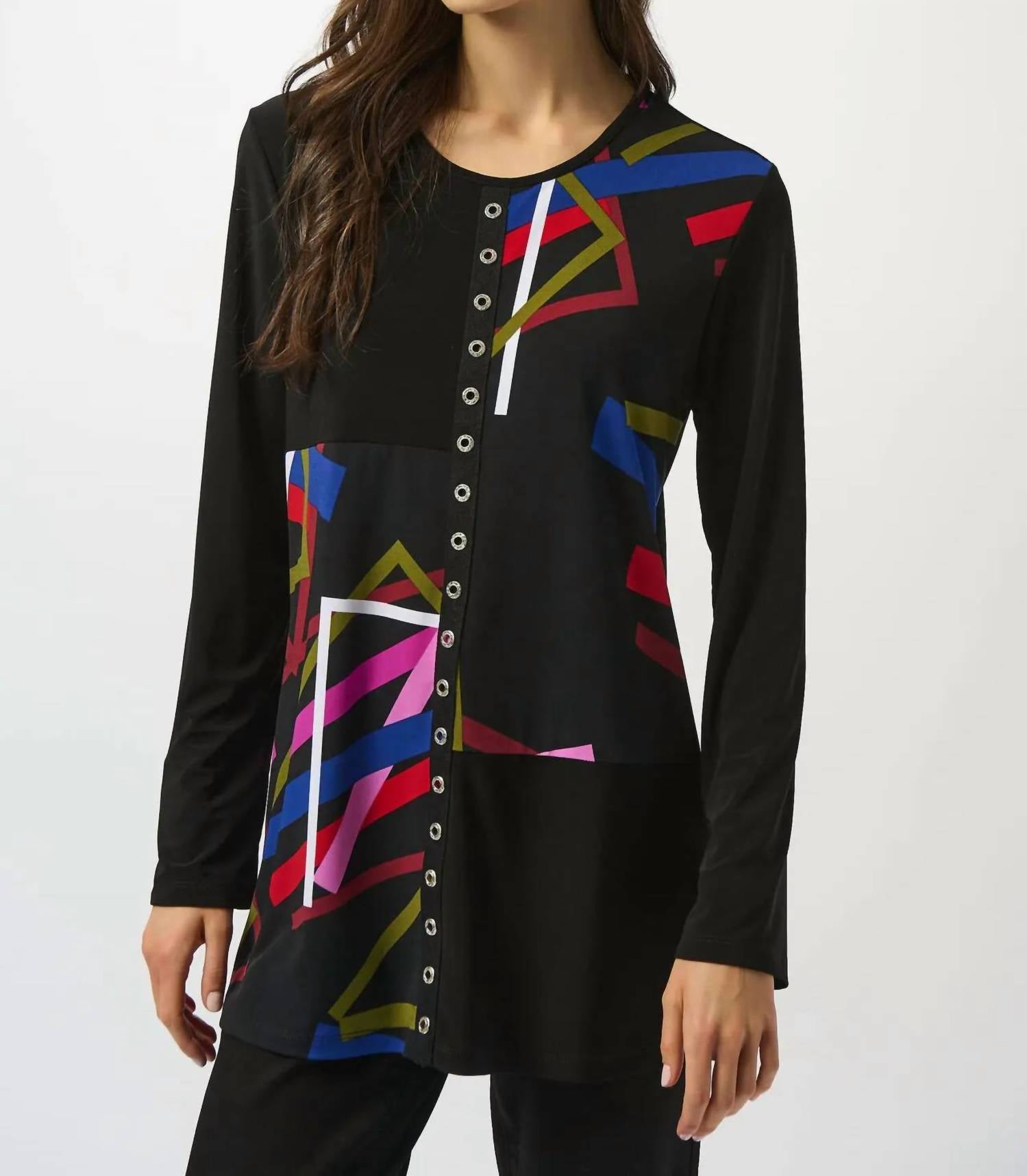 Joseph Ribkoff ABSTRACT FRONT PRINT TOP in black multi - women's shirt - detail view