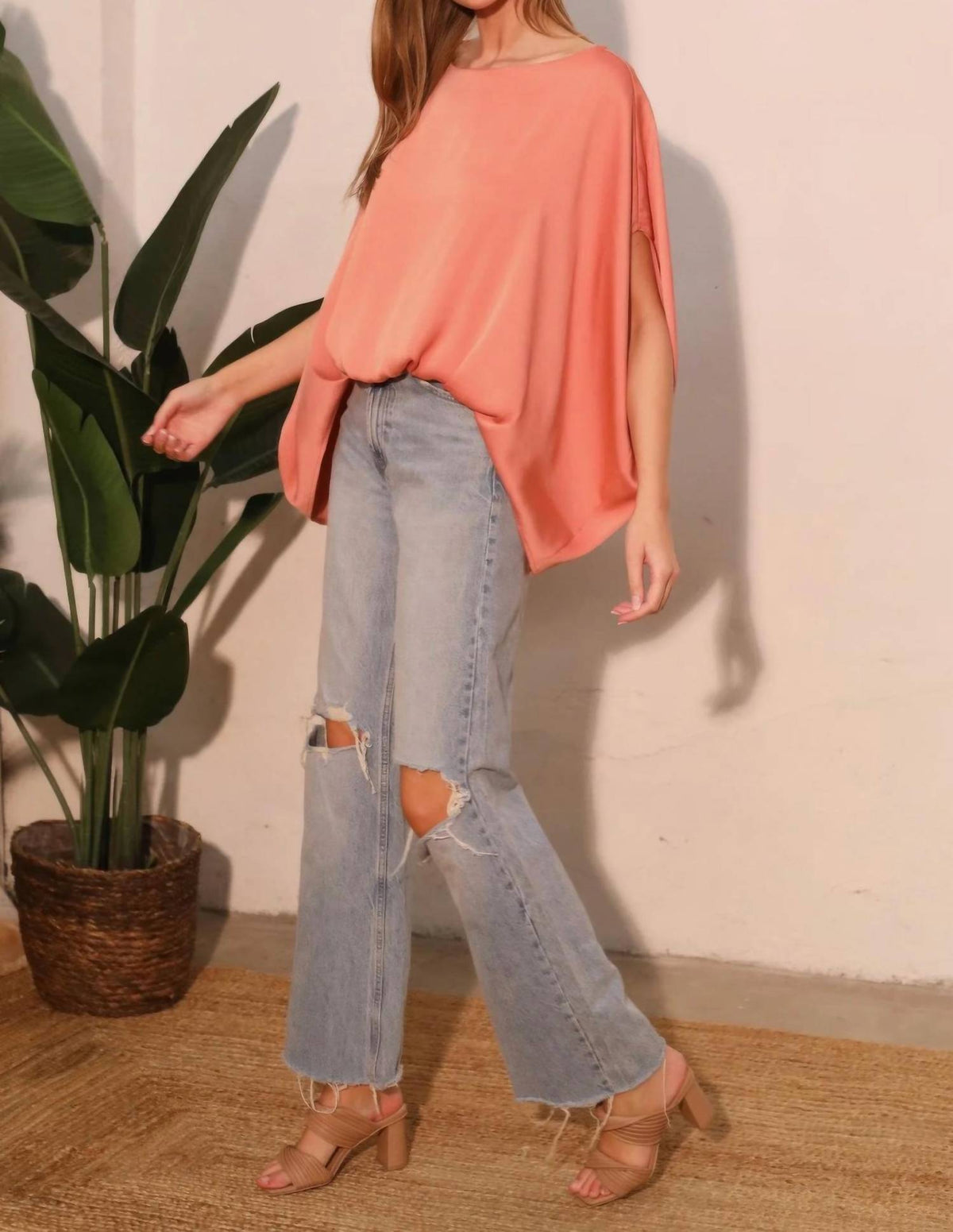 Tyche - Washed Poly Silk Boat Neck Caftan Top