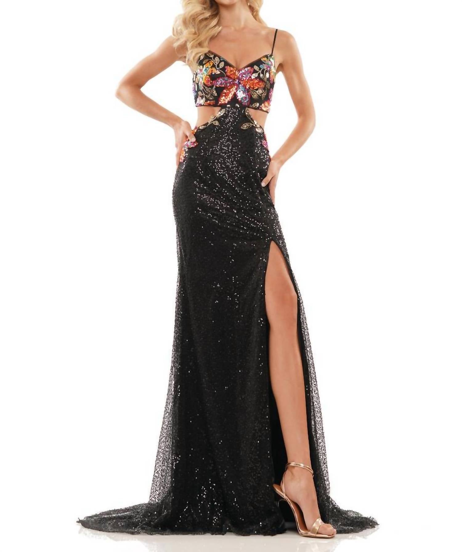 Colors Dress - Floral Sequin Cut Out Prom Gown