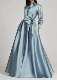 Teri Jon - Taffeta Shirt Dress Gown with Eyelet Sleeve & Collar