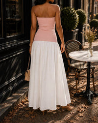 Surelymine - Strapless Button-Front Color Block Maxi Dress