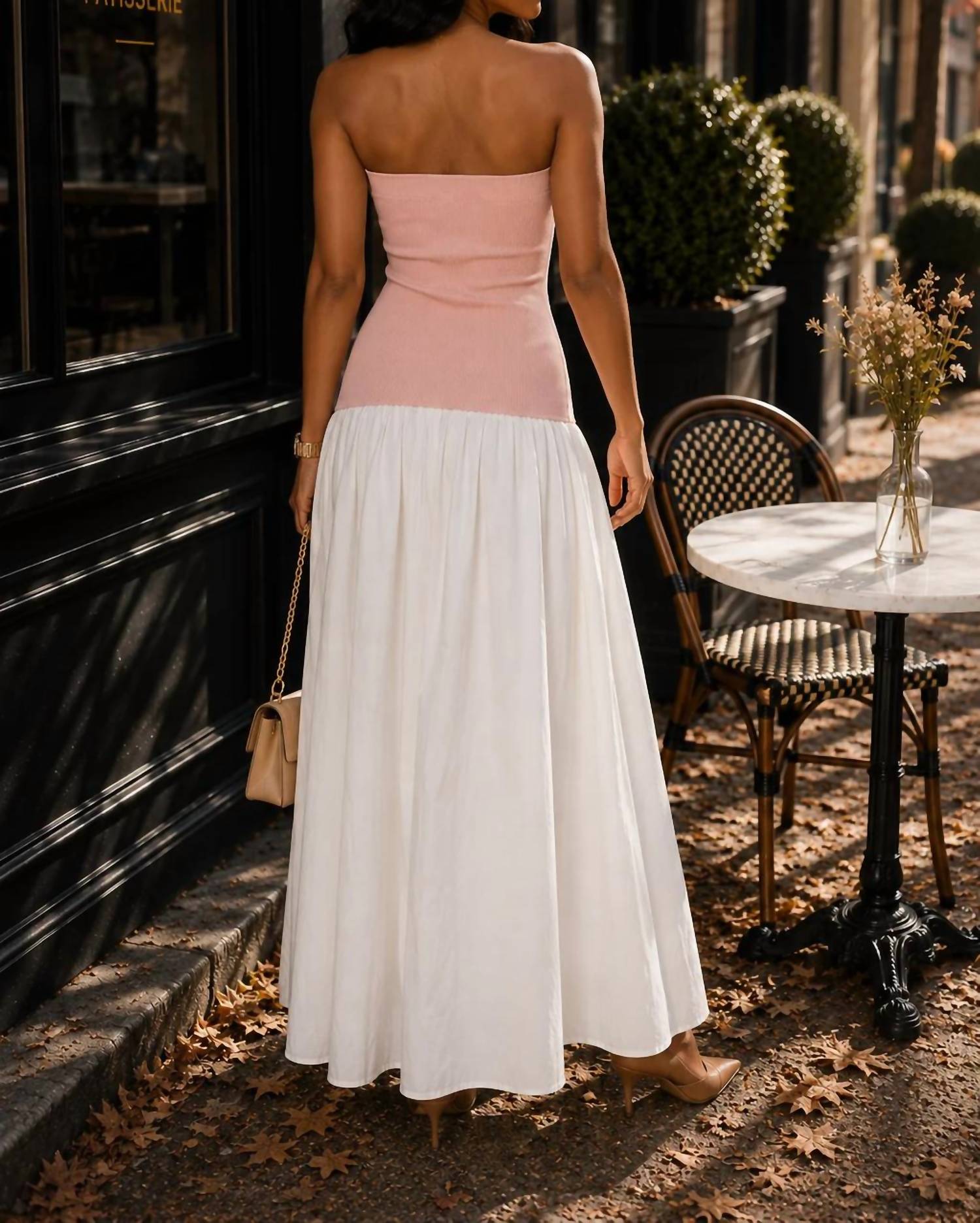Surelymine - Strapless Button-Front Color Block Maxi Dress