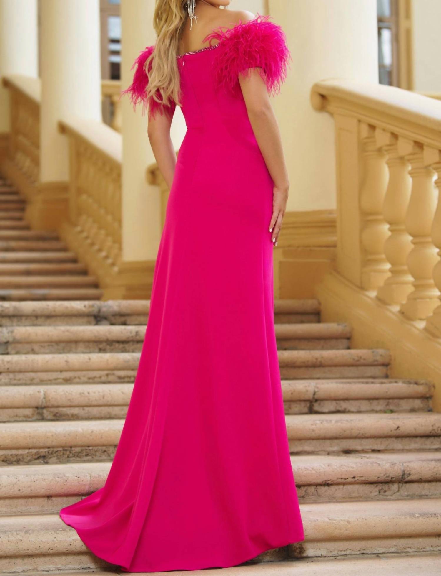 Ava Presley - Off Shoulder Feather Trim Evening Dress