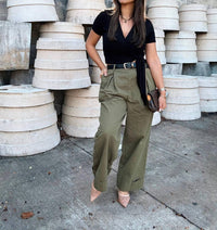 GILLI Wide Twill Slacks Trouser Pant in olive army green - women's pants
