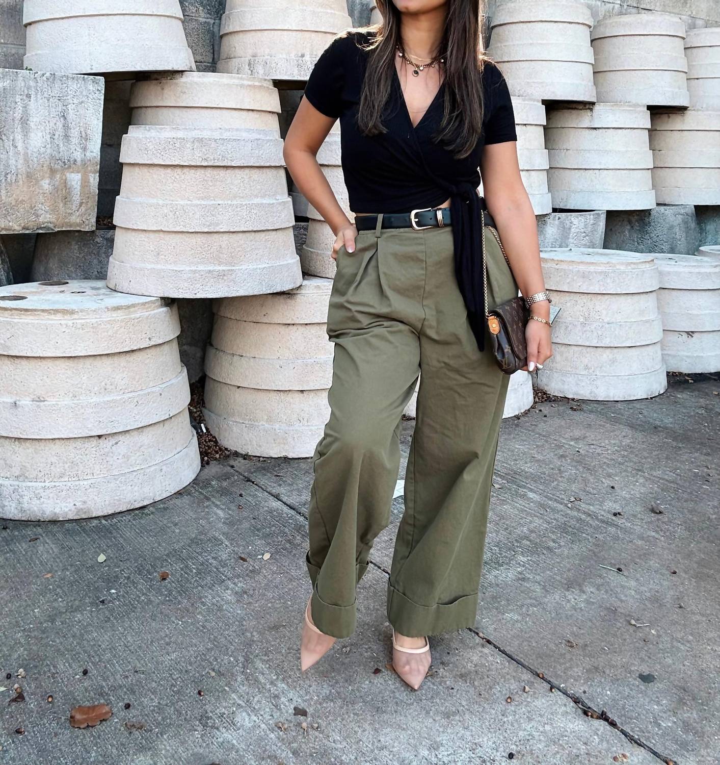 GILLI Wide Twill Slacks Trouser Pant in olive army green - women's pants