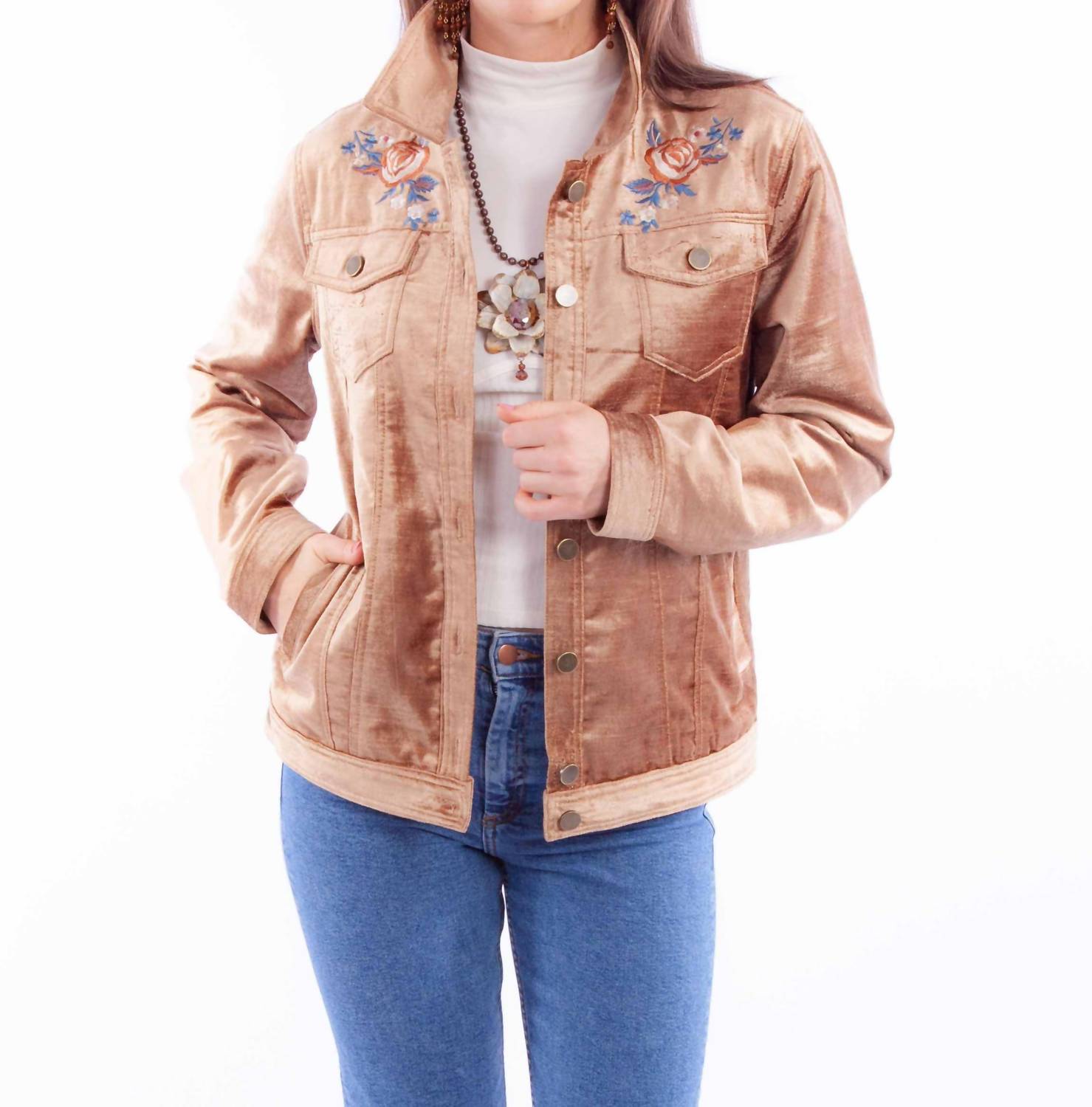 Scully Velvet Jacket With Embroidery in tan - women's jacket