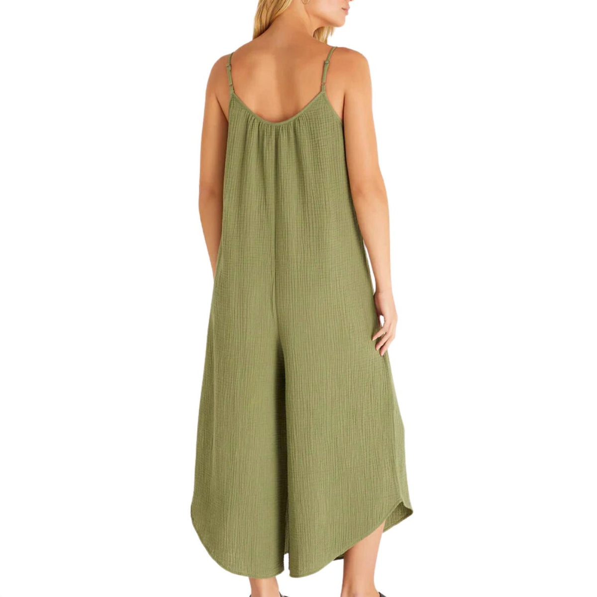 Z Supply Women's Flared Gauze Jumpsuit in olive branch - women's pants - detail view