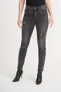 Joseph Ribkoff Distressed Slim Cropped Jeans in charcoal dark grey - women's jeans