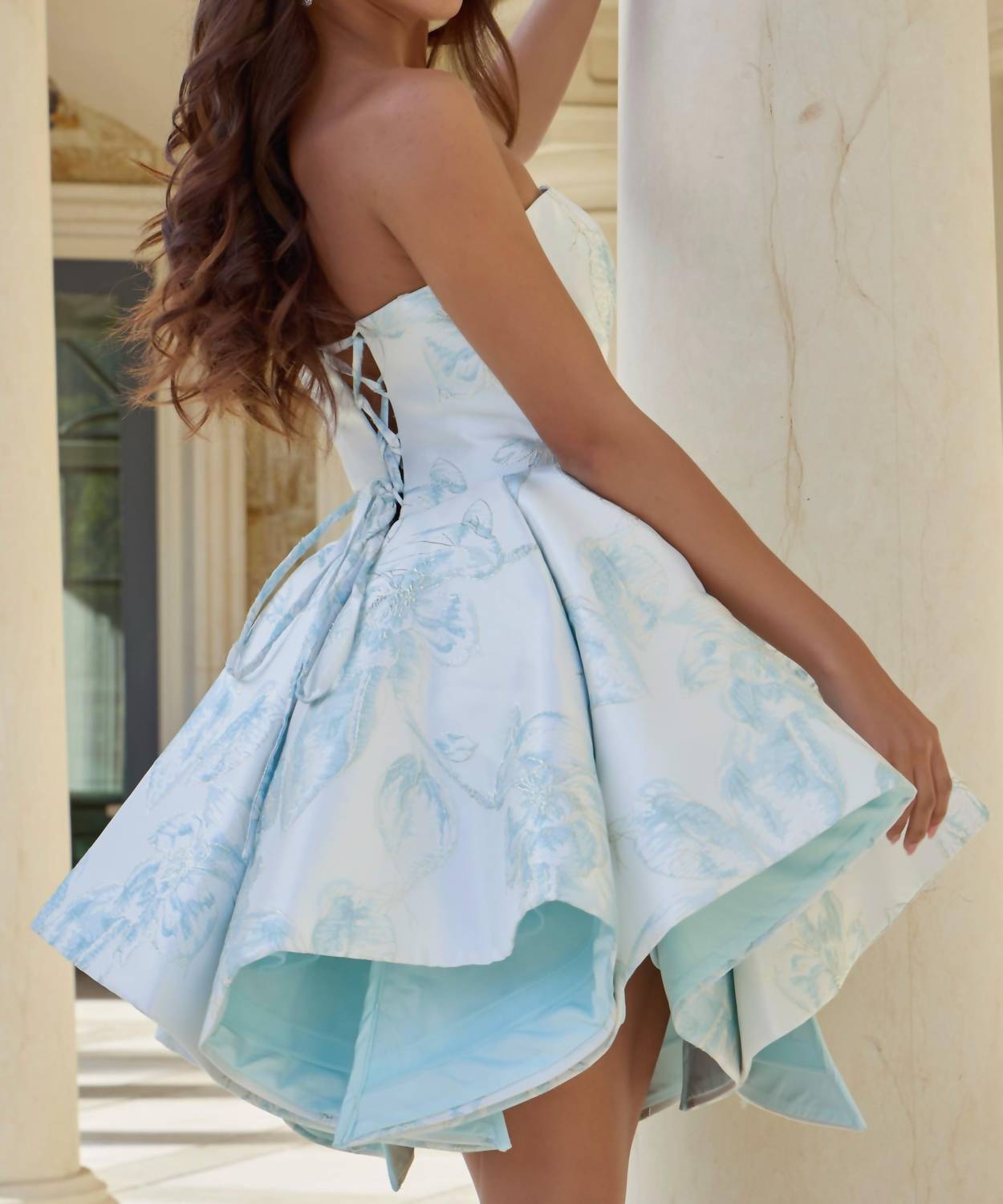 Jovani - Floral Jacquard Strapless High Low Cocktail Dress