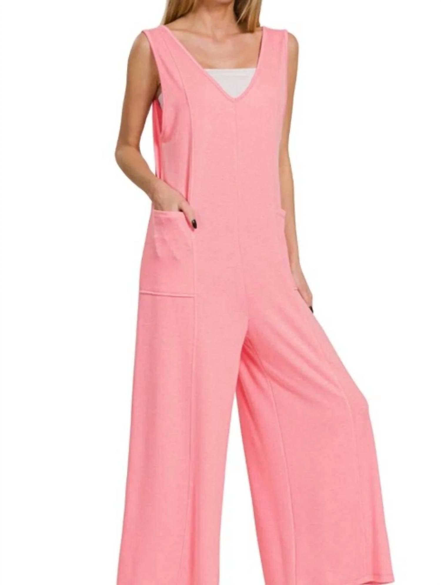 Zenana - French Terry Deep V Neck Jumpsuits