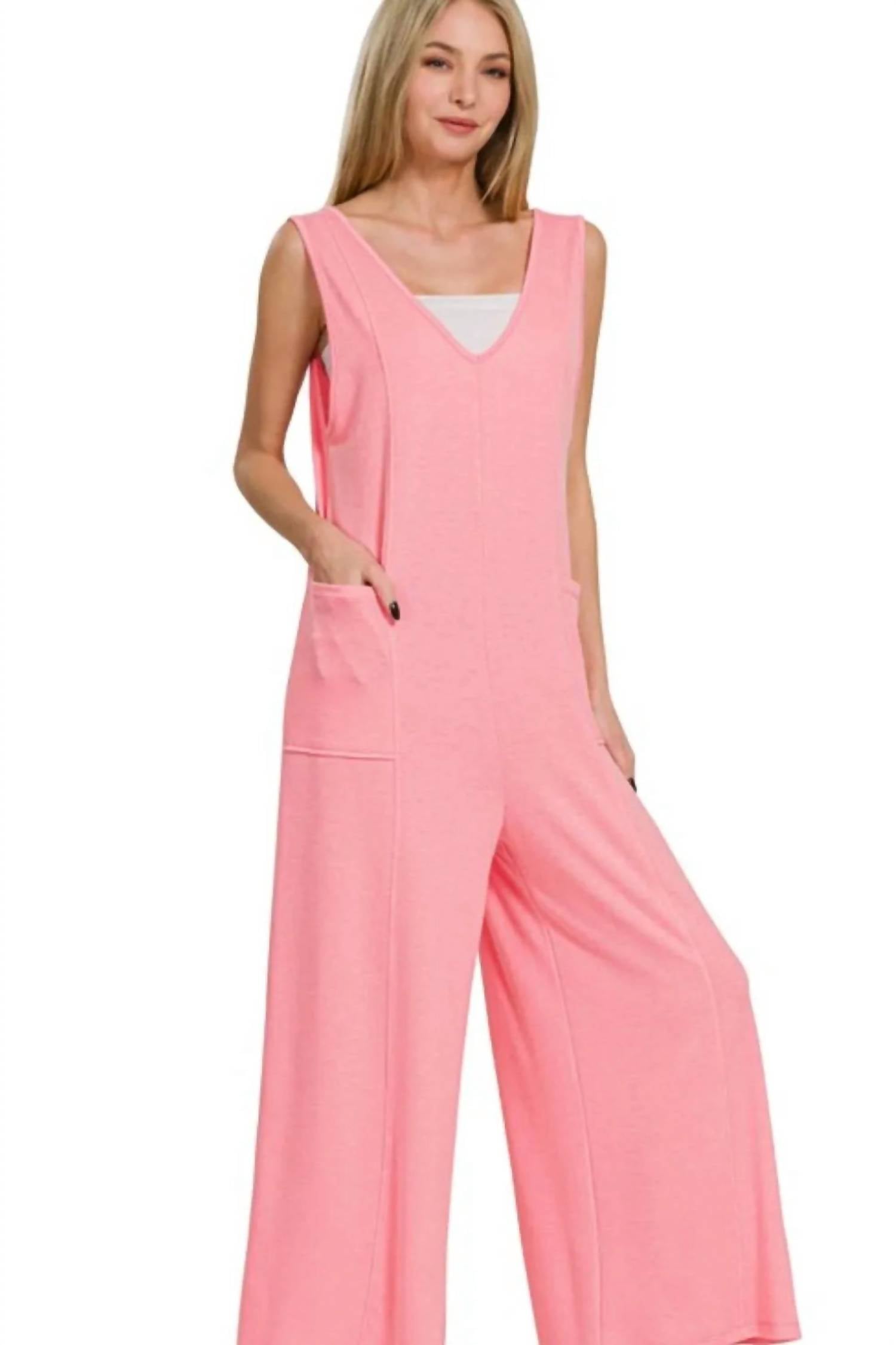 Zenana - French Terry Deep V Neck Jumpsuits