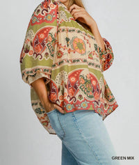 Umgee - Border Print Split Neck Top With Puff Sleeves - Plus