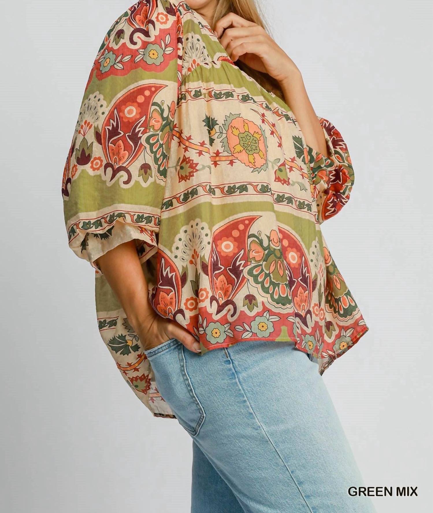 Umgee - Border Print Split Neck Top With Puff Sleeves - Plus