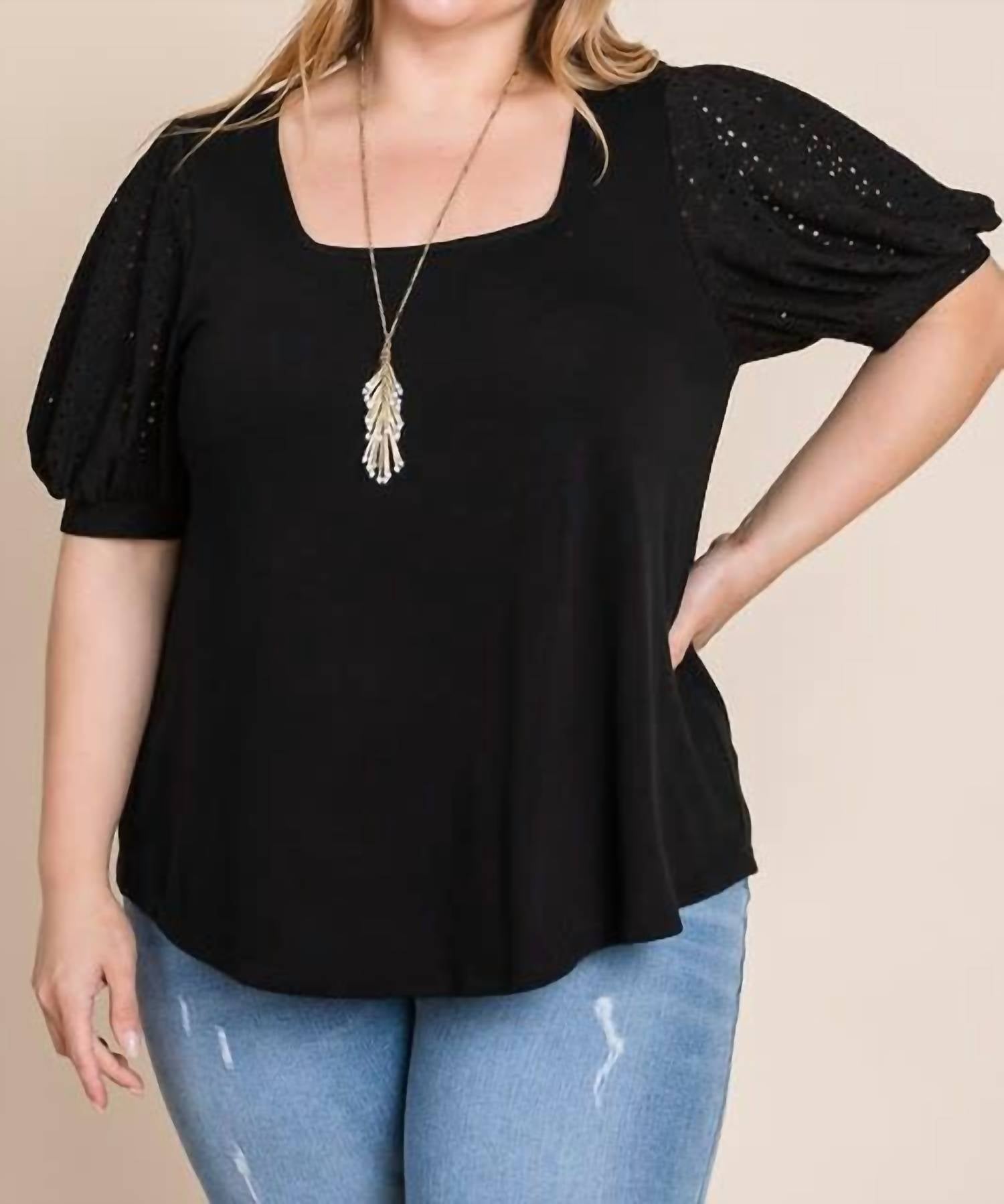 Emerald Collection - Eyelet Bubble Sleeves Solid Knit Top