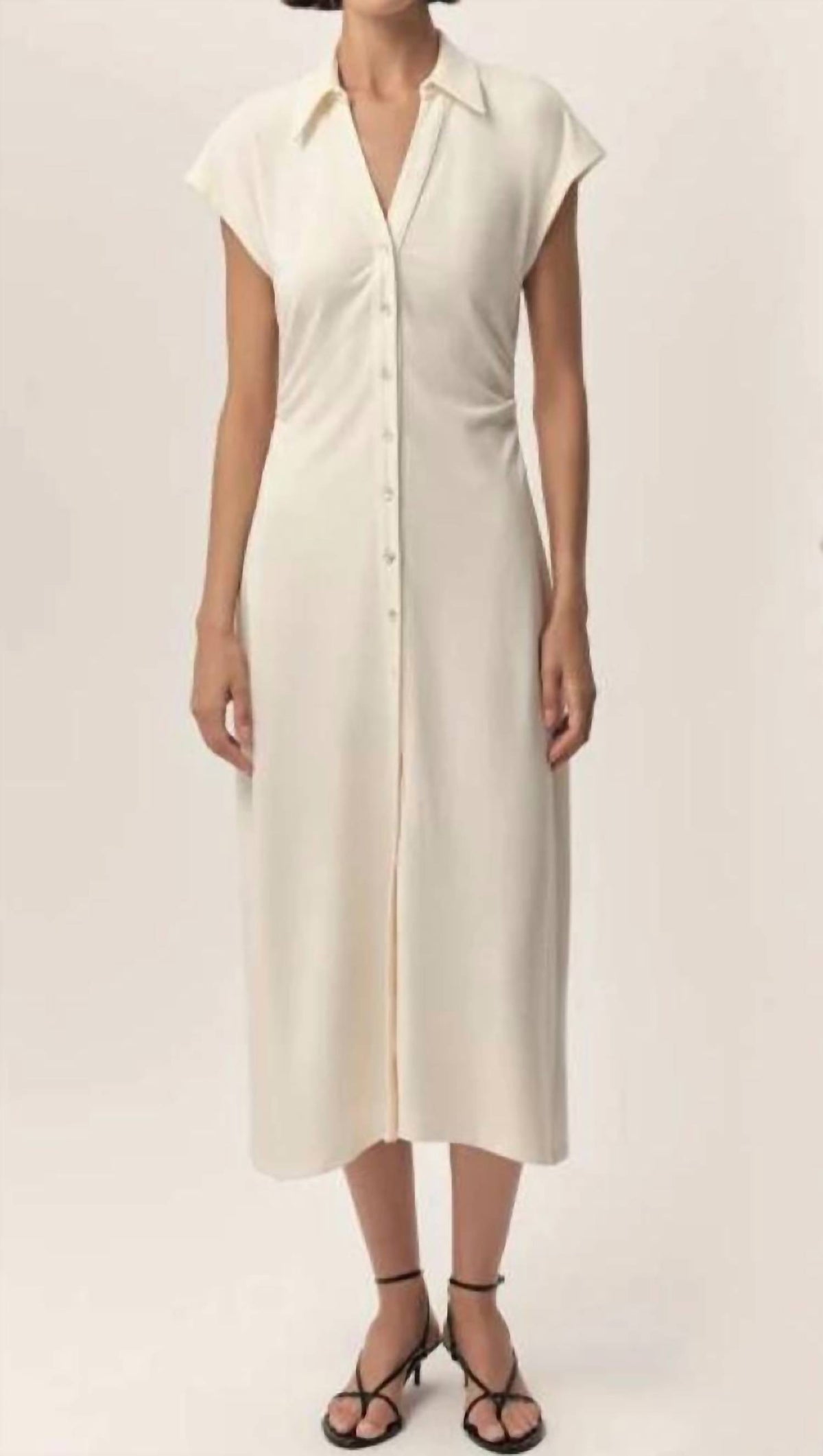 Exquise - Ursula Collared Gathered Waist Knit Midi Dress