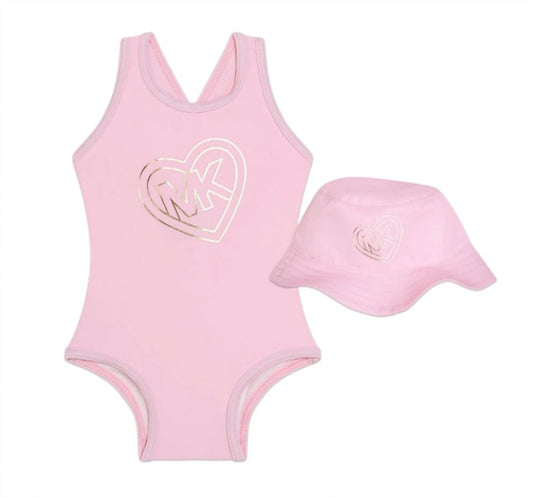 Michael Kors - Girls Monogram Print Swimsuit + Hat Set
