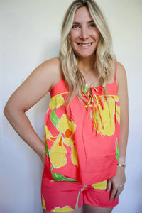 Olivaceous - Laci Floral Cami & Drawstring Shorts Two-piece Set