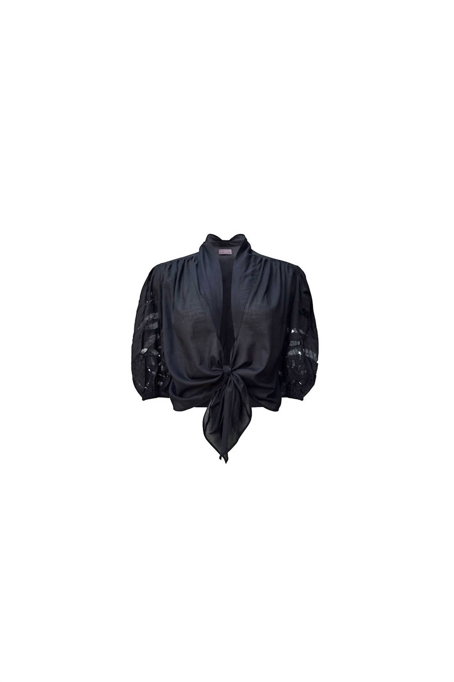 Uma and Leopold Ayla Embroidery Tied Top in black - women's blouse - view 4