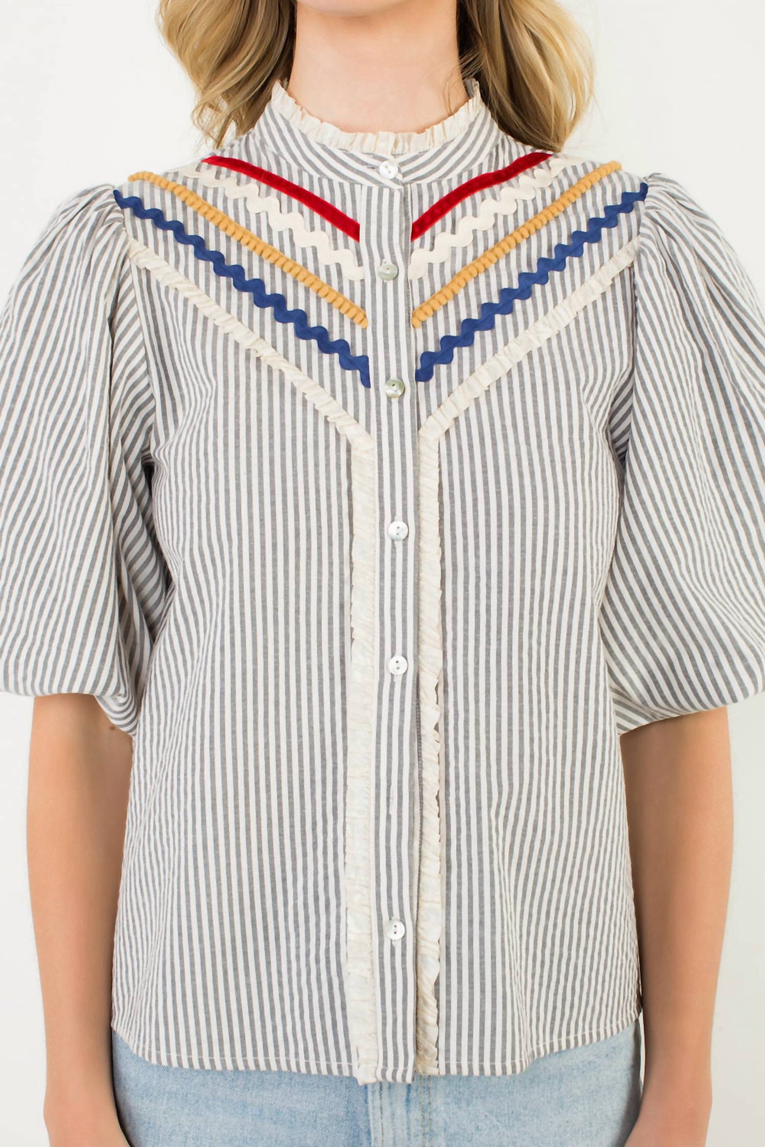 THML Puff Sleeve Striped Button Up Top in green - women's blouse - view 5
