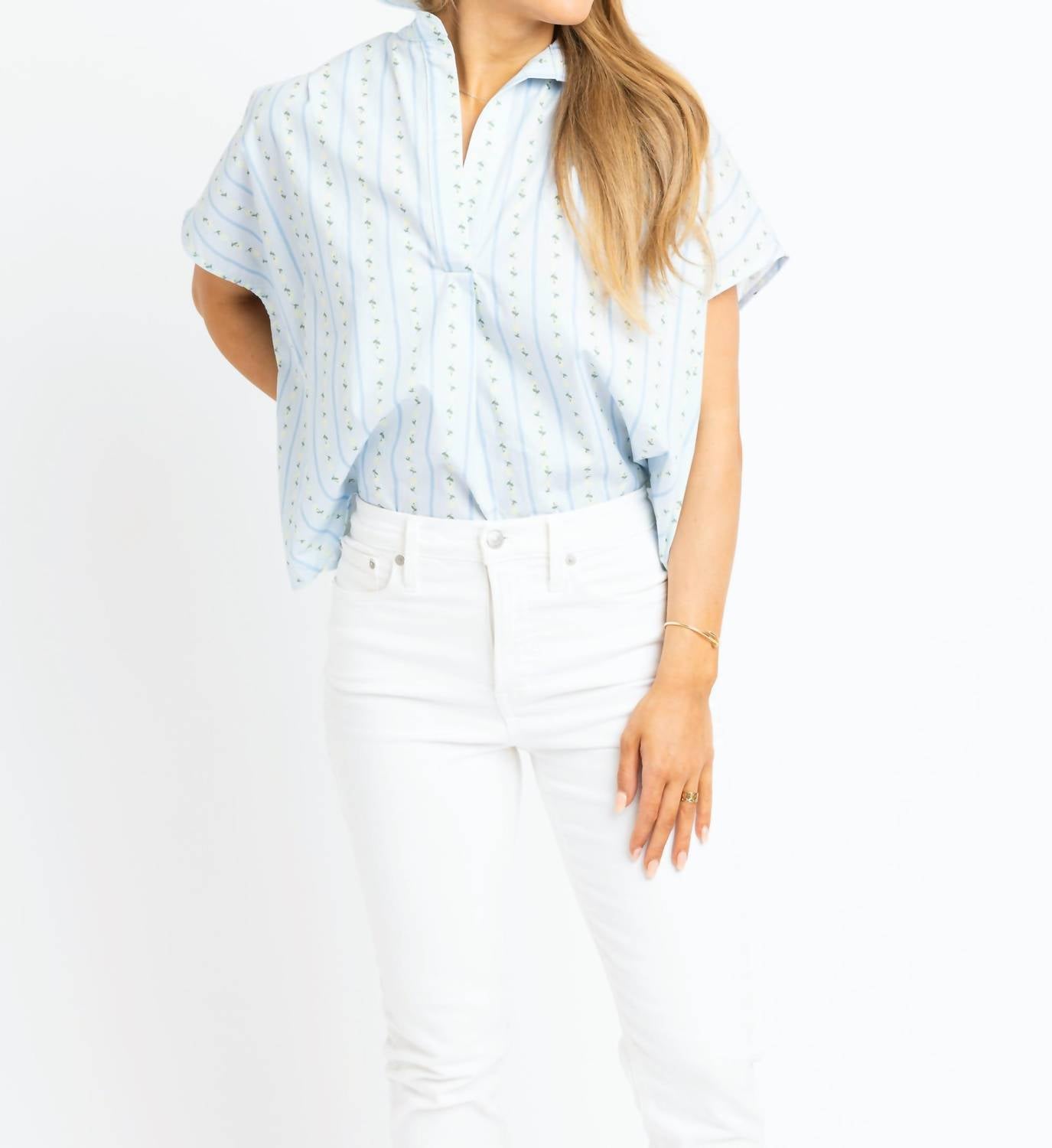 Karlie Floral Stripe V-Neck Collar Top in blue - women's blouse