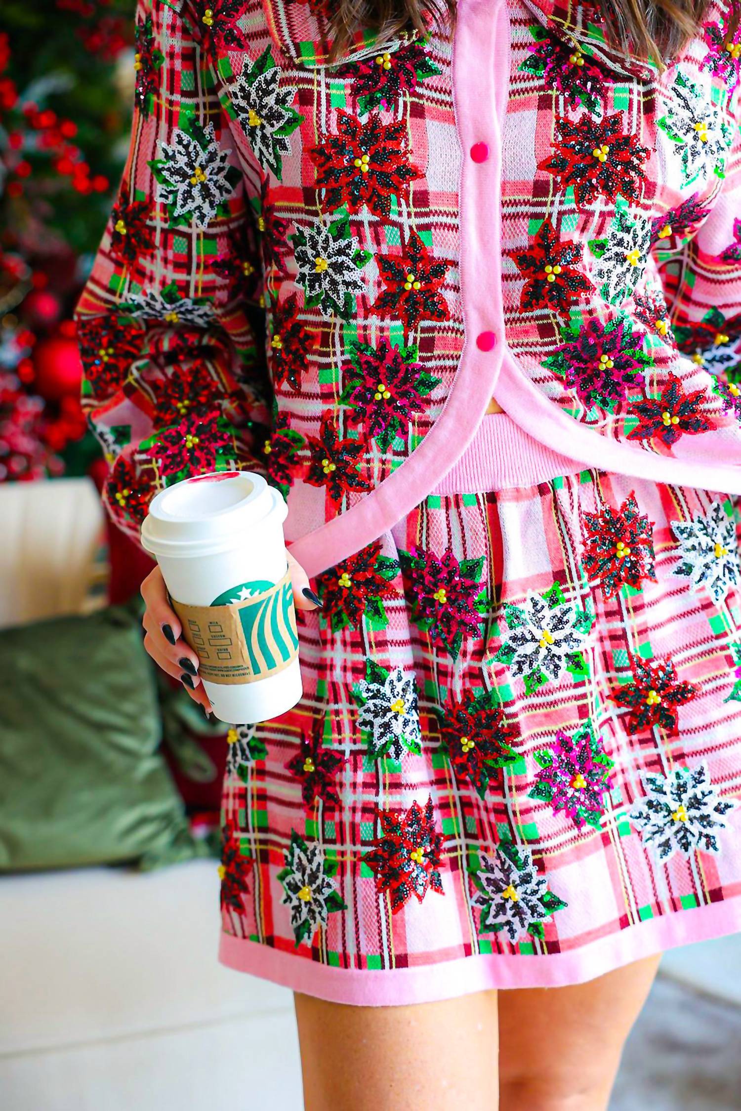 Queen Of Sparkles - Plaid Poinsettia Knit Skirt