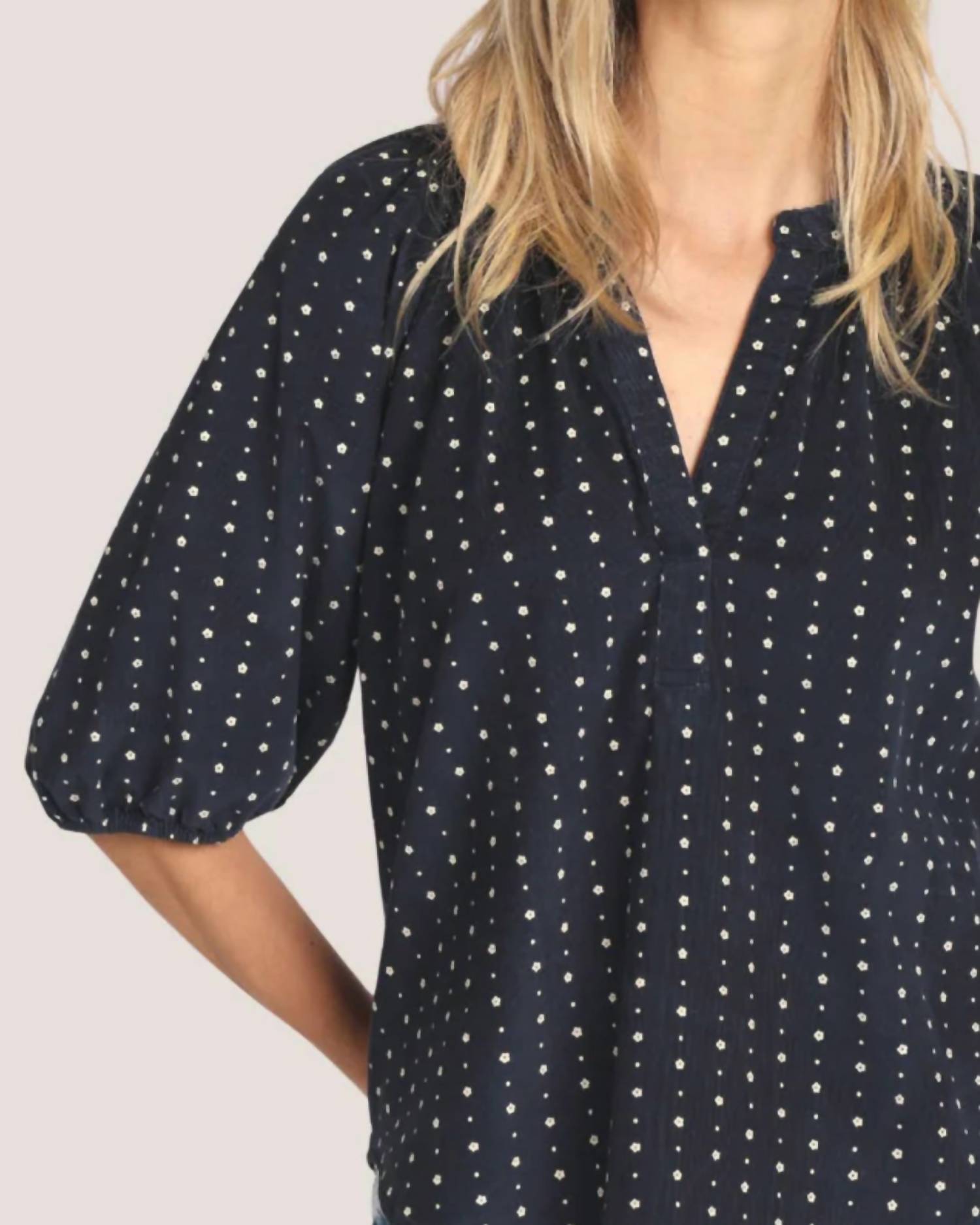 Dylan Hazel V-neck Top in navy - women's blouse - detail view