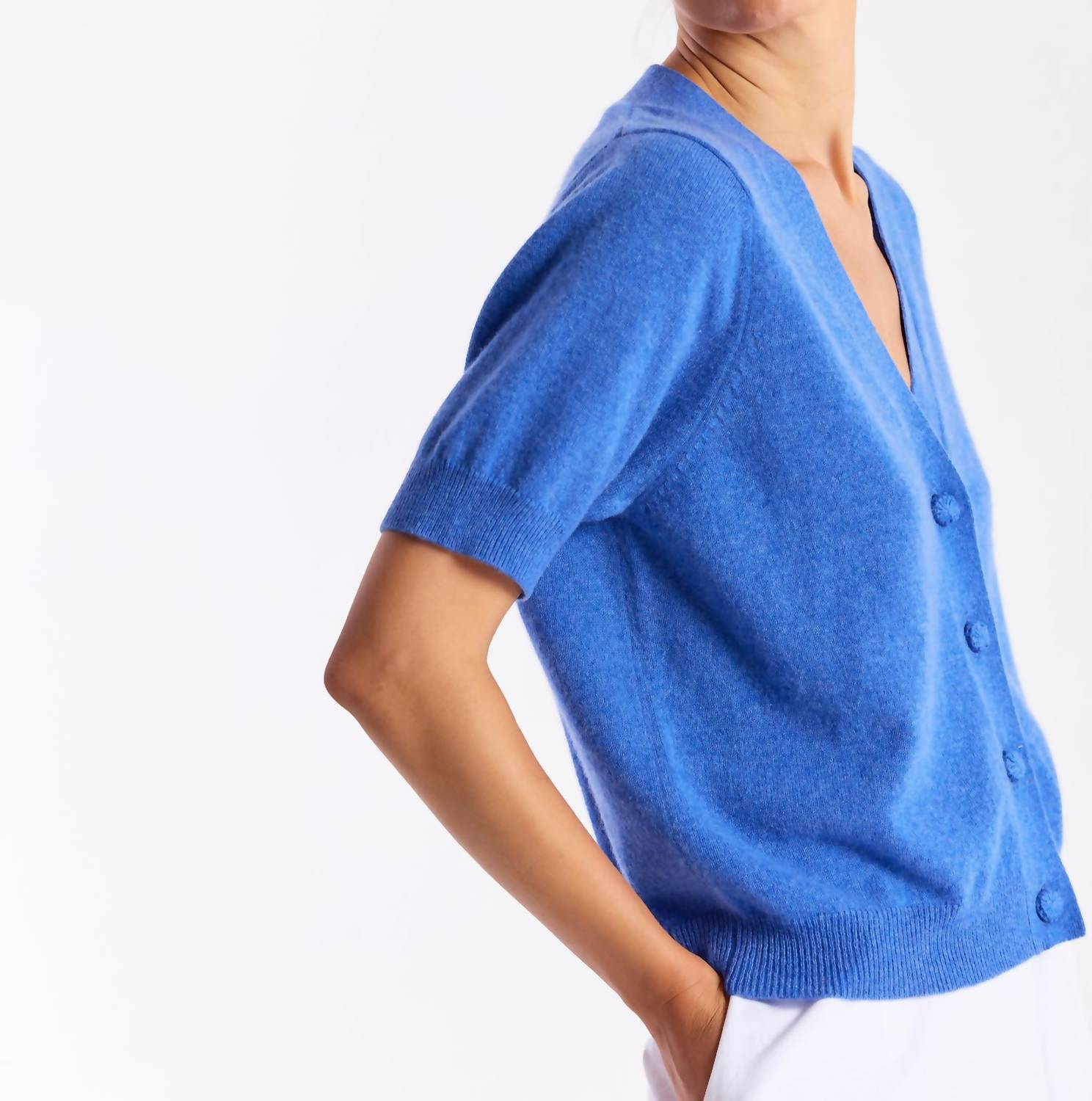 Brodie Cashmere Button Up Short Sleeve Cashmere Cardigan in carolina - women's sweater - alternate view