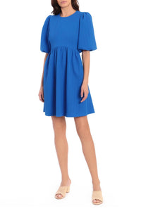 Maggy London - Crew Neck Puff Short Sleeves Back Zipper Short Knit Dress