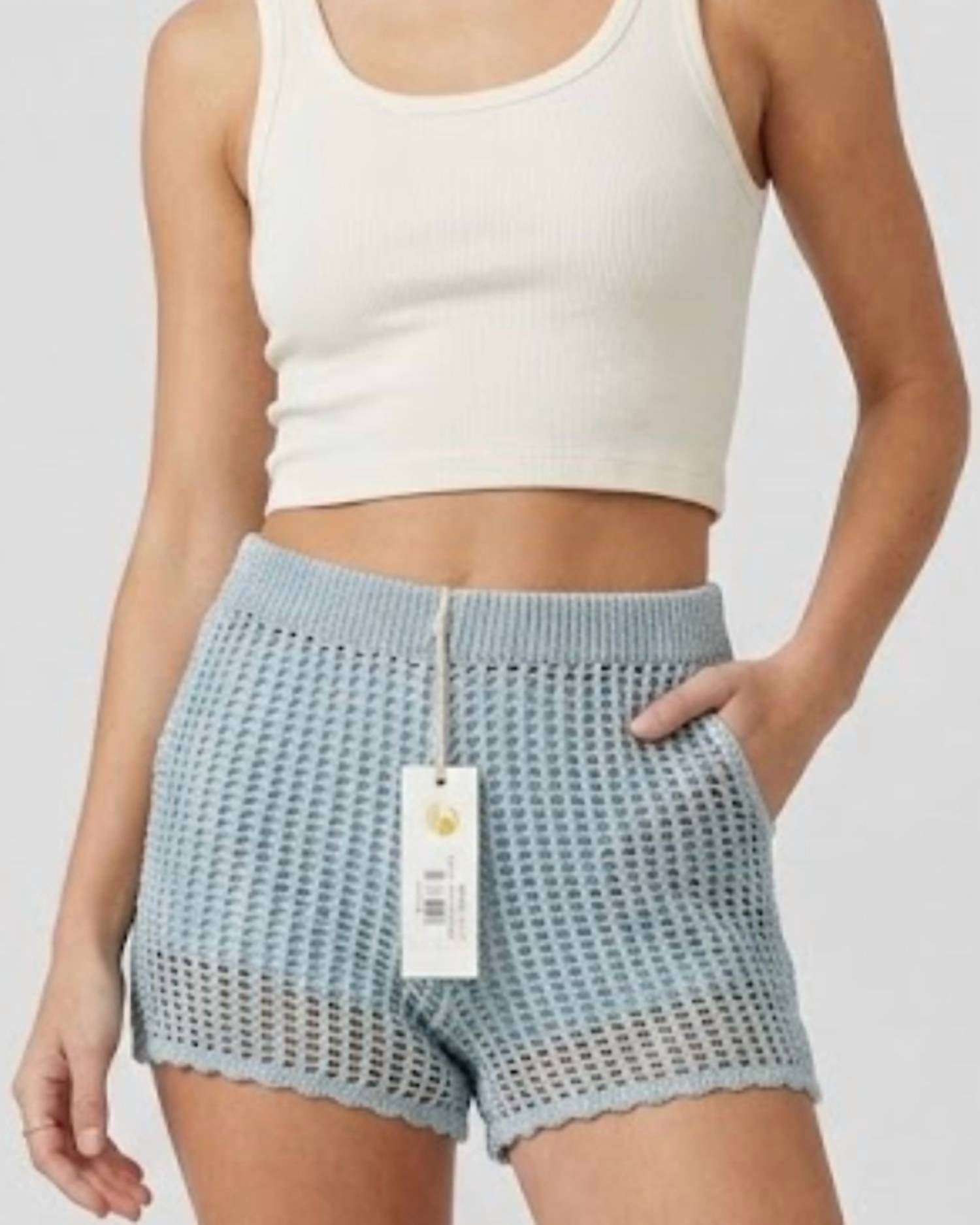 Vintage Havana High Waist Crochet Short in dusty blue - women's shorts