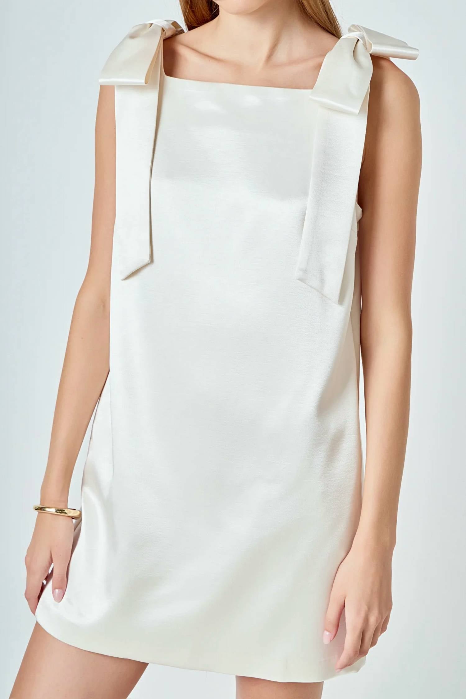 endless rose VELVET SATIN BOW MINI DRESS in ivory - women's dress - detail view