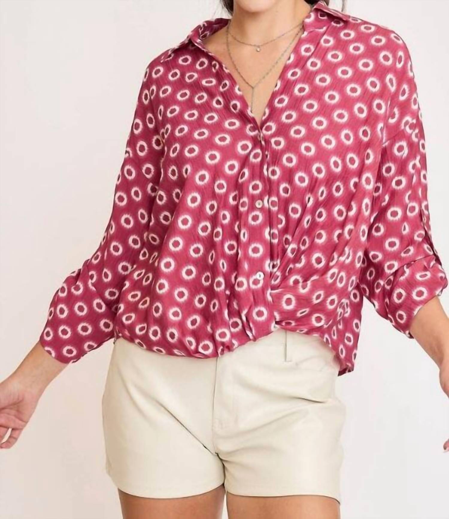 Umgee - V-neck Twist Wrap Printed Blouse