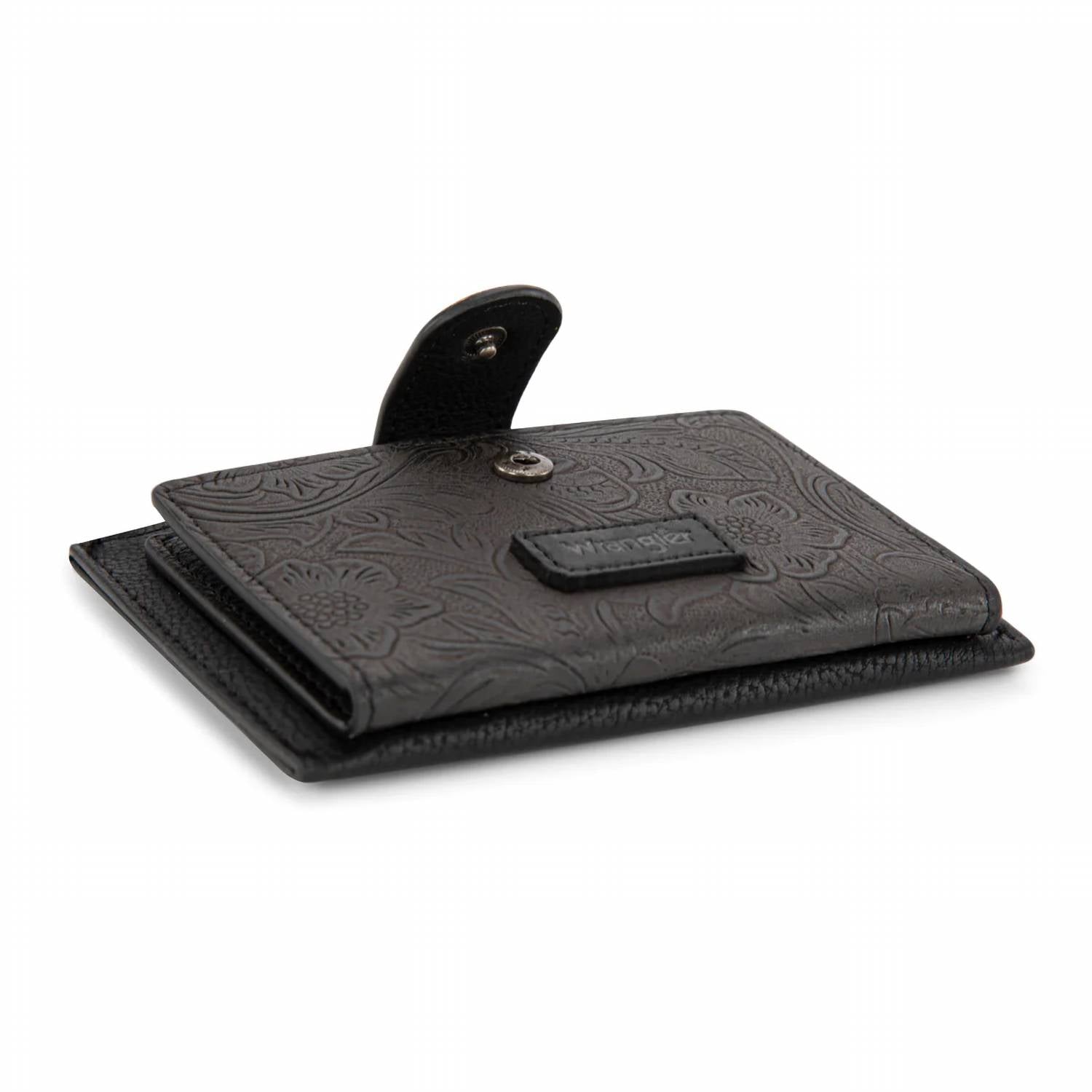 Wrangler Floral Embossed Bi-fold Wallet with Key Ring in black - women's bag - detail view