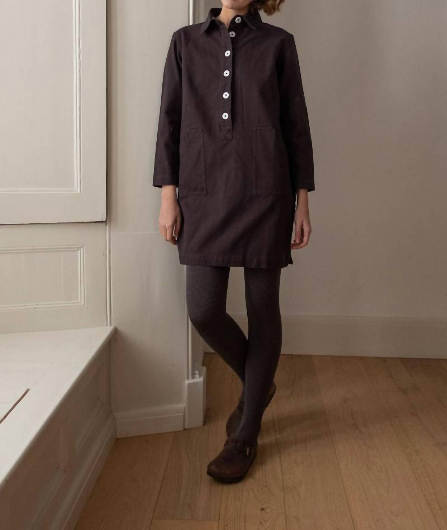 BIBICO Tara Short Cotton Twill Dress in dove grey - women's dress - alternate view