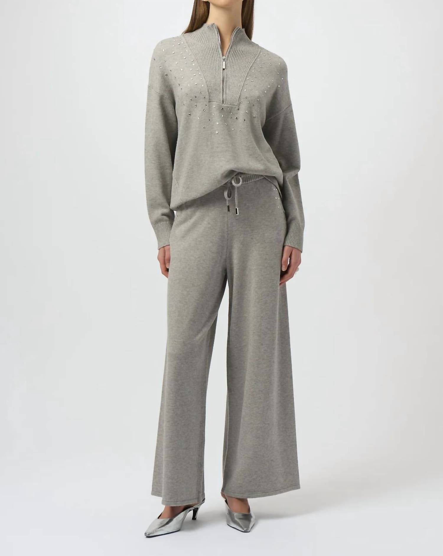 Joseph Ribkoff - Embellished Zipped Mockneck Pullover Sweater