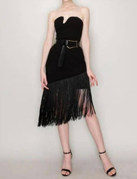 Ina Fashion - Belted Sleeveless Fringe Trim Midi Dress