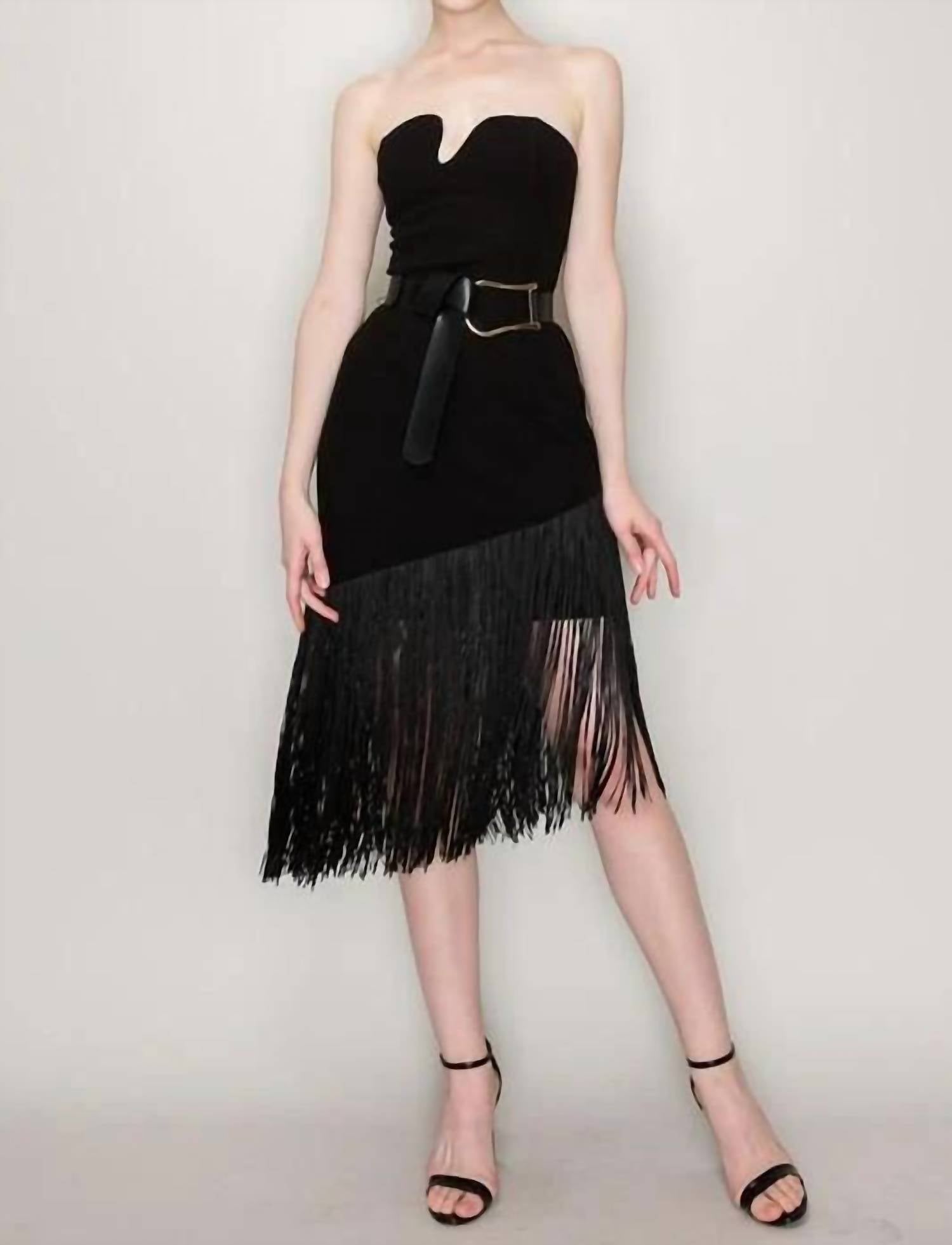 Ina Fashion - Belted Sleeveless Fringe Trim Midi Dress